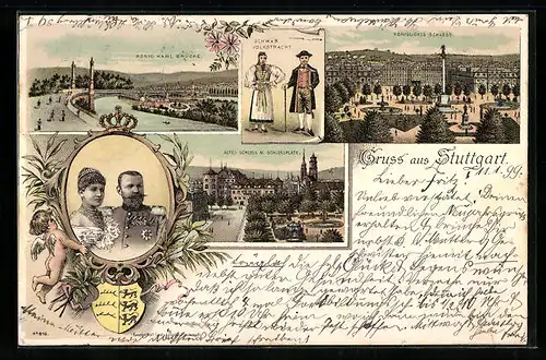 Lithographie Stuttgart, König Karl Brücke, Volkstracht, Königl. Schloss, Altes Schloss, Wappen