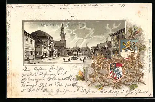 Präge-Lithographie Erlangen, Hauptstrasse mit Rathaus, Wappen