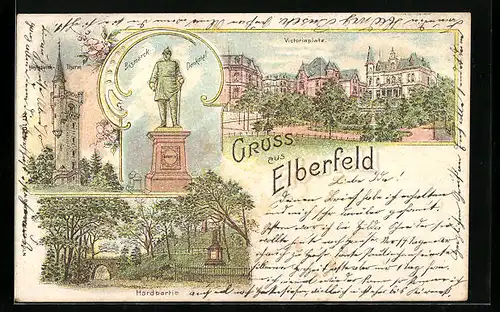 Lithographie Elberfeld, Victoriaplatz, Bismarck Denkmal, Weyerbusch Thurm