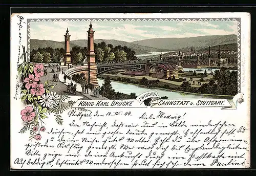 Lithographie Cannstatt, König Karl Brücke, Gesamtansicht