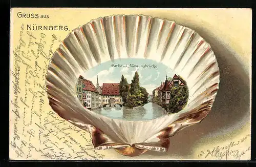 Lithographie Nürnberg, Partie a.d. Museumsbrücke