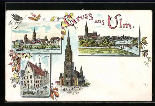 Lithographie Ulm, Panorama, Rathaus & Münster