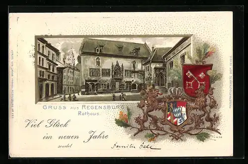 Passepartout-Lithographie Regensburg, Rathaus mit Wappen
