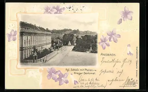 Präge-AK Ansbach, Kgl. Schloss mit Platen- und Krieger-Denkmal