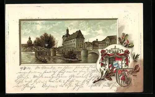 Mondschein-Lithographie Bamberg, Pegnitzpartie mit Brücke, Wappen