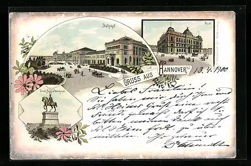 Lithographie Hannover, Bahnhof, Post, Ernst-August-Denkmal