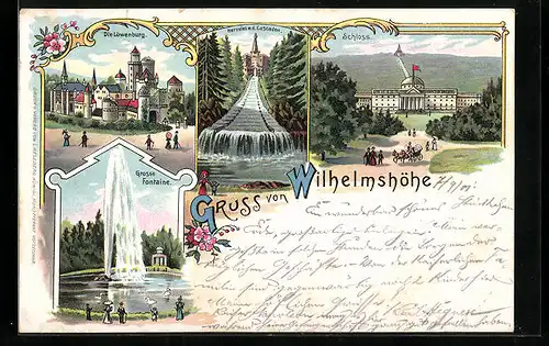 Lithographie Wilhelmshöhe, Die Löwenburg, Schloss, Grosse Fontaine, Hercules mit den Cascaden