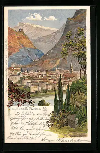 Künstler-AK sign. Hirschmann: Bozen, Gesamtansicht mit dem Sarner Schloss