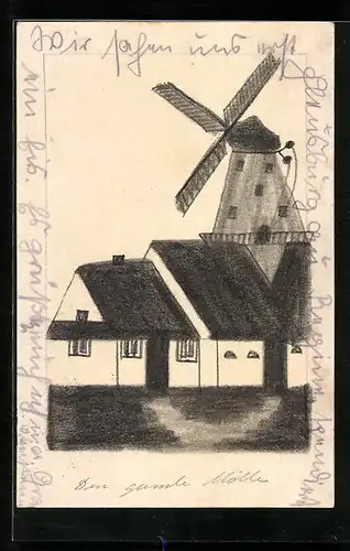 Künstler-AK Handgemalt: Düppel, Häuser und Windmühle