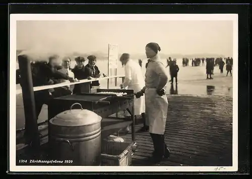 AK Zürich, Zürichseegefrörne 1929, Bratwurststand