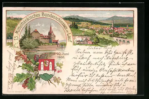 Lithographie Ganzsache Bayern PP15C32: Lauf, 15. Mittelfränkisches Bundesschiessen, Wappen, Teilansicht