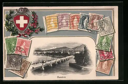 Präge-AK Genève, Brücke, Briefmarken, Wappen