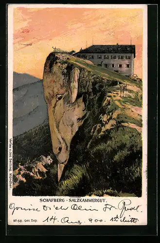 Künstler-AK Seiling Nr. 68: Salzkammergut, Schafberg mit Gasthaus bei Dämmerung, Berg mit Gesicht / Berggesichter