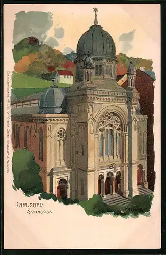 Künstler-AK Karlsbad, Darstellung der Synagoge