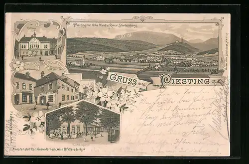 Lithographie Piesting, Ortsansicht, Rathaus, Gasthaus zum gold. Löwen, Gasthausgarten