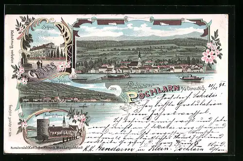 Lithographie Pöchlarn a. d. Donau, Ortsansicht, Schloss, Aussichtsturm