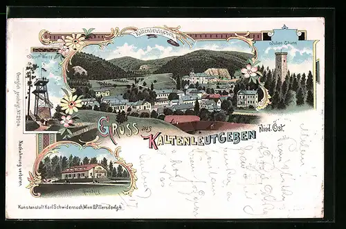 Lithographie Kaltenleutgeben, Ortsansicht, Josef-Warte, Haus Gaisberg