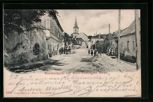 AK Schwechat, Brauhausgasse und Klein-Schwechater Kirche