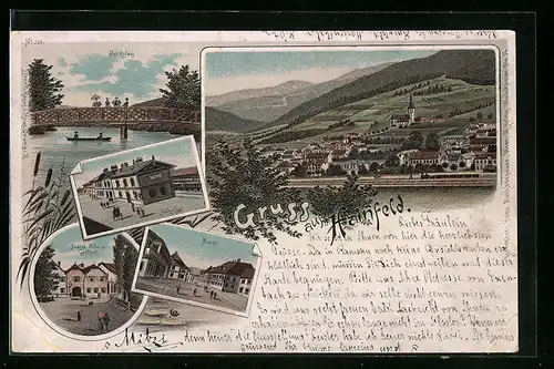 Lithographie Hainfeld, Ortsansicht, Parksteg, Bahnhof, Franz Zobels Gasthof