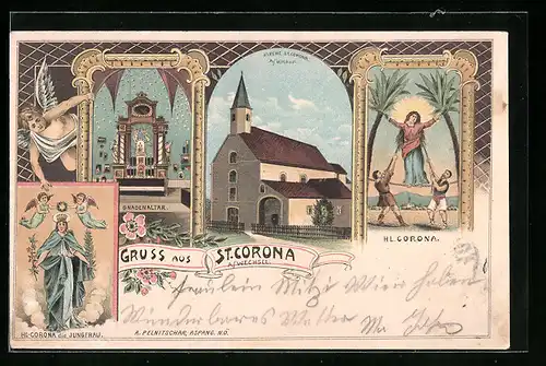 Lithographie St. Corona a. Wechsel, Kirche St. Corona, Gnadenaltar, Hl. Corona