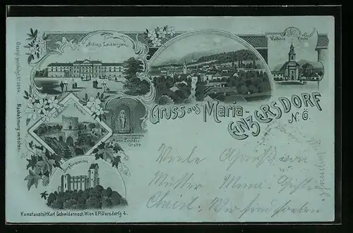 Mondschein-Lithographie Maria-Enzersdorf, Wallfahrts-Kirche, Schloss Liechtenstein, Maria Lourdes-Grotte