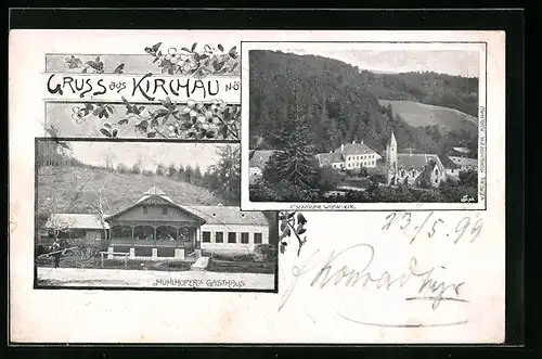 AK Kirchau, Mühlhofer`s Gasthaus, Ortspartie mit Kirche