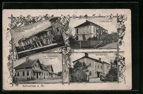 AK Schwarzau a. St., Gasthaus Jos. Kornfeld, Kinder-Asyl, Volksschule