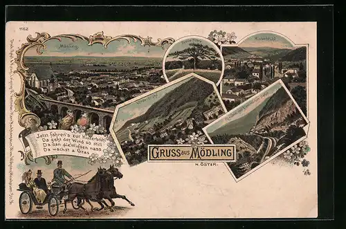 Lithographie Mödling, Teilansicht, Klausen mit Elektrischer Bahn, Vorderbrühl