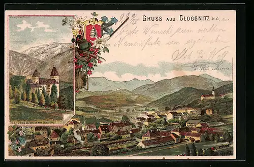 Lithographie Gloggnitz, Teilansicht mit Schloss Gloggnitz, Schloss Burg Wartenstein