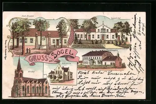 Lithographie Sögel, Amts Brunnen, Landrats Amt, Kirche, Amts Gericht