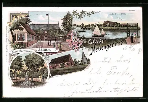 Lithographie Neuengamme, An der Doven-Elbe, Kirche, Gasthaus Stadt-Hamburg, Garten-Anlagen