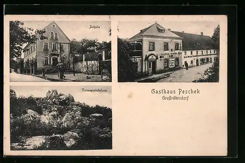 AK Grossröhrsdorf, Schule, Gasthaus Peschek, Totensteinfelsen
