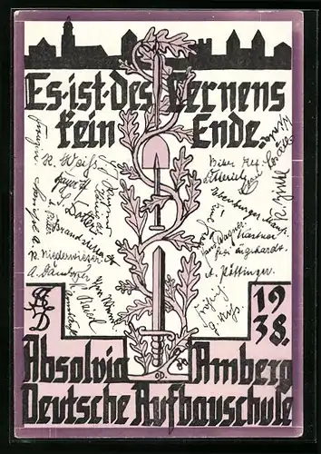 Künstler-AK Amberg, Es ist des Lernen kein Ende, Absolvia 1938, Deutsche Aufbauschule