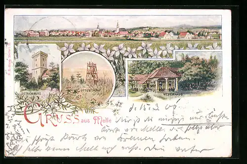 Lithographie Melle, Gasthaus Weberhaus, Dietrichsburg, Otto`s Höhe