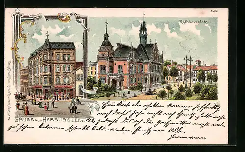 Lithographie Harburg a. Elbe, Rathausplatz, Kaufhaus J. Cohn & Co.