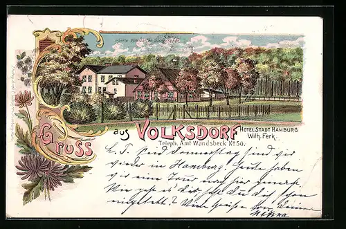 Lithographie Volksdorf, Hotel Stadt Hamburg, Wilh. Ferk.