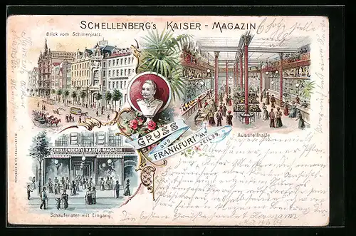 Lithographie Frankfurt a. M., Kaufhaus Schellenbergs Kaiser-Magazin, Zeil 39, Strassenansichten und Ausstellhalle