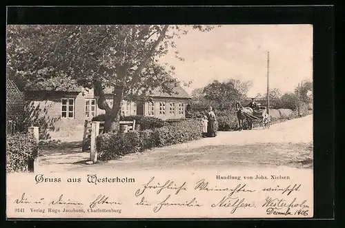 AK Westerholm, Handlung von Johs. Nielsen mit Strasse und Kutsche