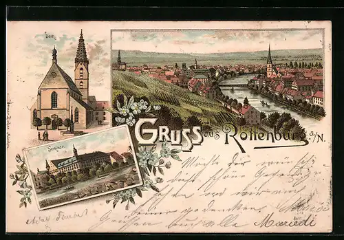 Lithographie Rottenburg a. N., Ortsansicht mit Neckarbrücke, Seminar, Dom