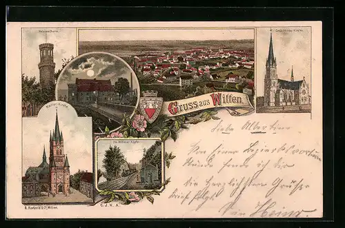 Lithographie Witten, Ortsansicht aus der Vogelschau, Kirchen, Wittener Köpfe, Helenenthurm