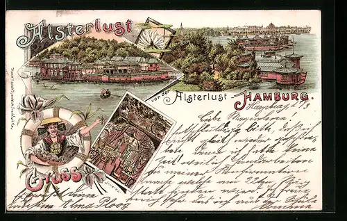 Lithographie Hamburg-St.Georg, Gasthaus Alsterlust mit Umgebung und Innenansicht, Hamburgerin