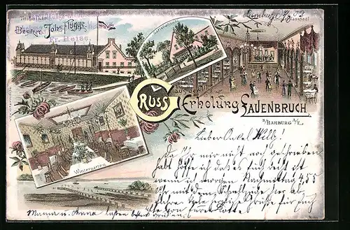 Lithographie Harburg a. E., Gasthaus Erholung Sauenbruch mit Wintergarten