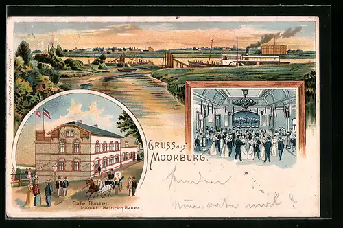 Lithographie Hamburg-Moorburg, Panorama mit Elbe, Cafe Bauer mit Strasse, Ballsaal mit Tanz