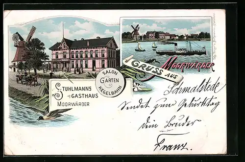 Lithographie Hamburg-Moorwärder, Stuhlmanns Gasthaus und Ortsansicht mit Windmühle