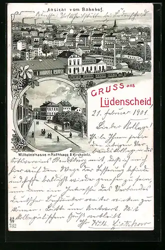 Lithographie Lüdenscheid, Wilhelmstrasse mit Rathaus und Kirchplatz, Teilansicht mit Bahnhof
