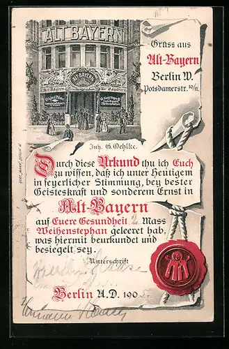 AK Berlin, Urkunde aus Lokal Alt Bayern, Potsdamer Strasse 10-11