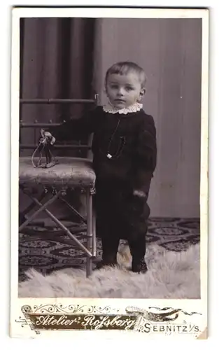 Fotografie Atelier Rossberg, Sebnitz i. S., Kleiner Junge mit Spielzeugpferd