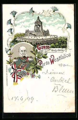 Lithographie Porta Westfalica, Kaiser Wilhelm Denkmal