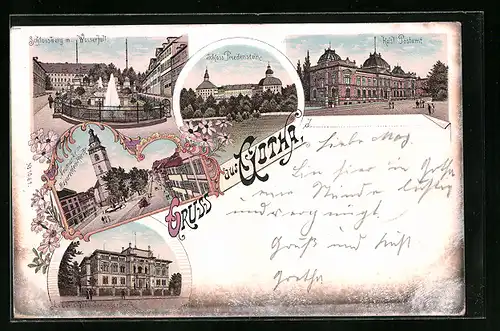 Lithographie Gotha, Schlossberg m. Wasserfall, Kaisl. Postamt