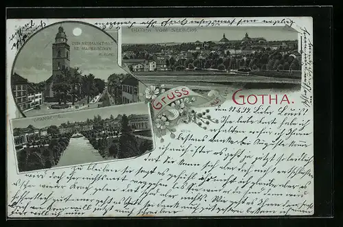 Mondschein-Lithographie Gotha, Neumarkt mit St. Margarethen Kirche, Orangerie